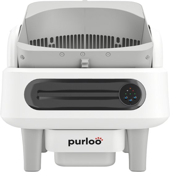 Vue de face de la litière automatique blanche avec le logo Purloo et un panneau de contrôle.