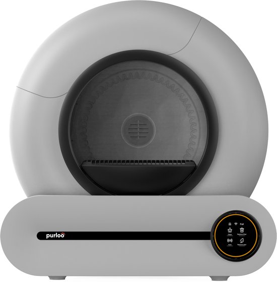 Litière automatique grise moderne avec un design rond et un panneau de commande numérique.