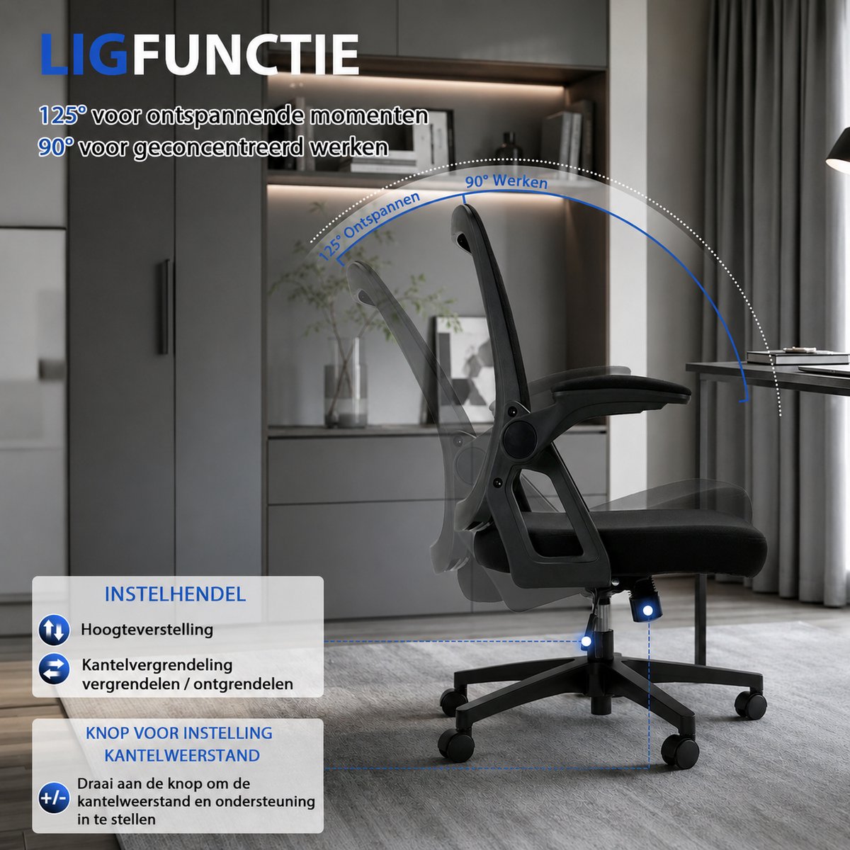 Milacyee Bureaustoel - Ergonomische Bureaustoel - Office Chair - Bureaustoelen voor Volwassenen - Computerstoel met Mesh Rugleuning & Lendensteun - 90° Opklapbare Armleuningen - Stille Wieltjes - Tot 102 kg, Zwart - Geschikt voor Thuiswerk en Kantoor – foto 4