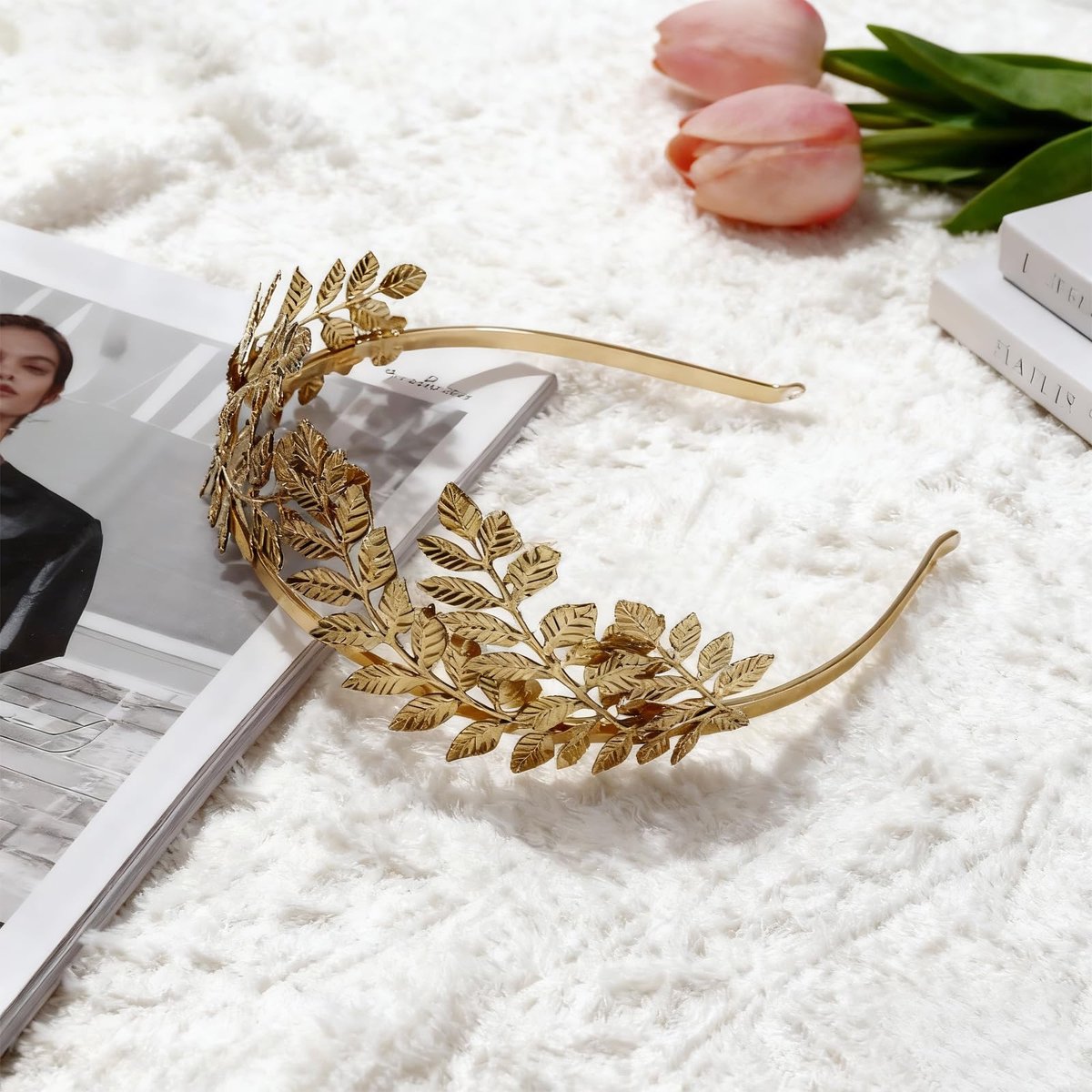Romeinse godin haarband, godin haarband, lauwerkrans, hoofdtooi, Romeinse bladkroon, hoofdband met bladgoud, hoofdtooi bruid, geschikt voor cosplay, bruiloft, feest, goud