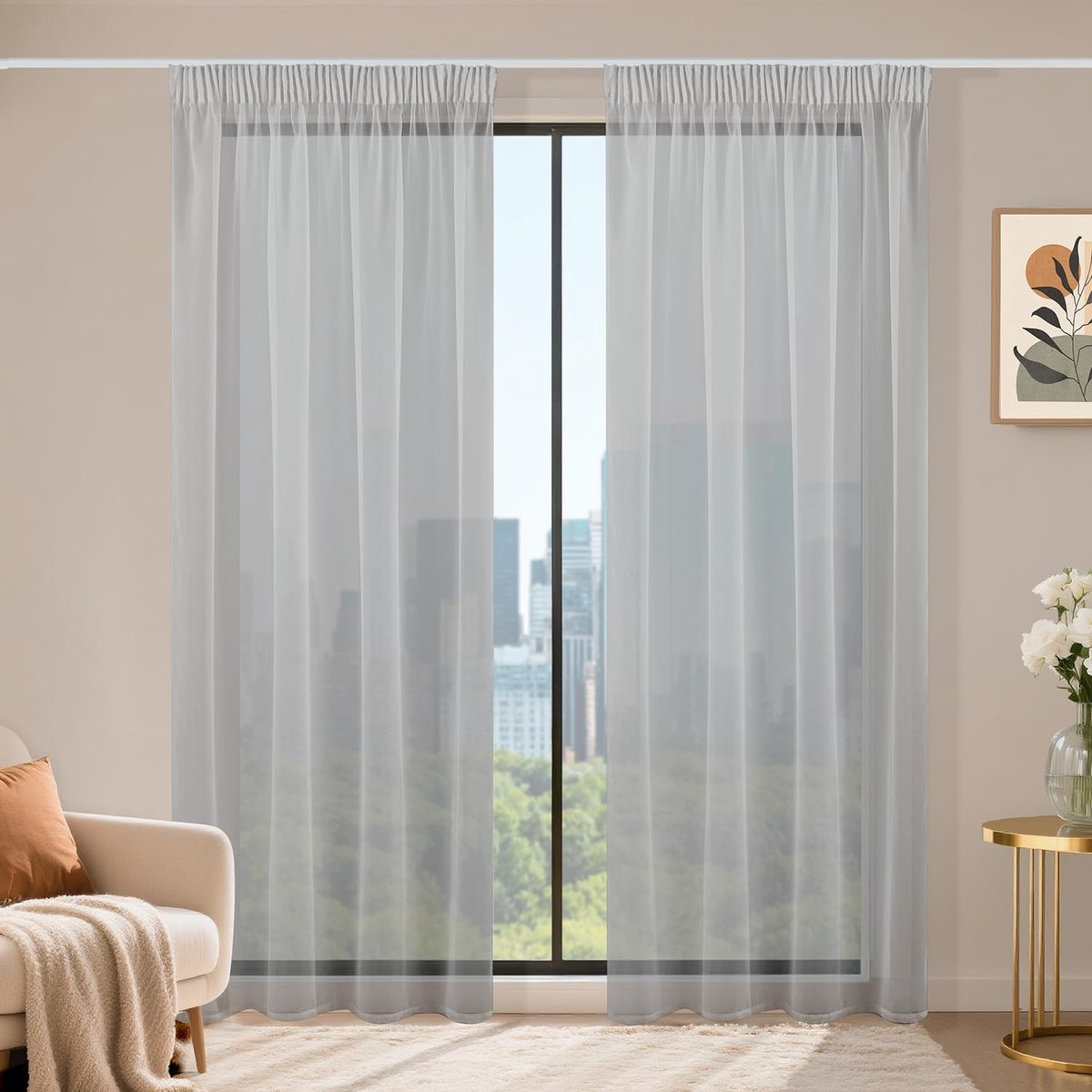 Gordijnen met plooiband, set van 2, Voile schuifgordijnen 200 x 140 (hxB), transparante gardine, grijze gordijnen, gordijnen voor woonkamer slaapkamer Sheer Curtain