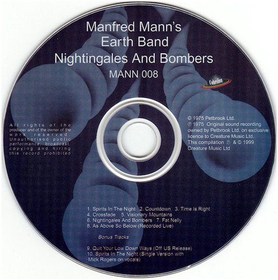 CD met artwork van 'Nightingales And Bombers' door Manfred Mann's Earth Band, met blauwe spiraalvormige objecten.