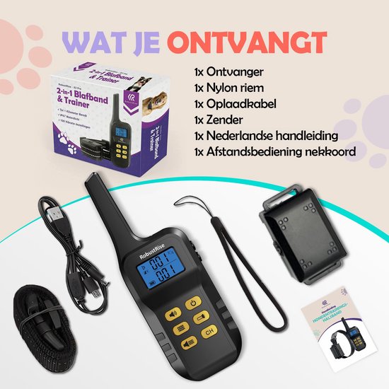 Inhoud van de verpakking: ontvanger, nylon riem, oplaadkabel, zender, halskoord en Nederlandse handleiding.