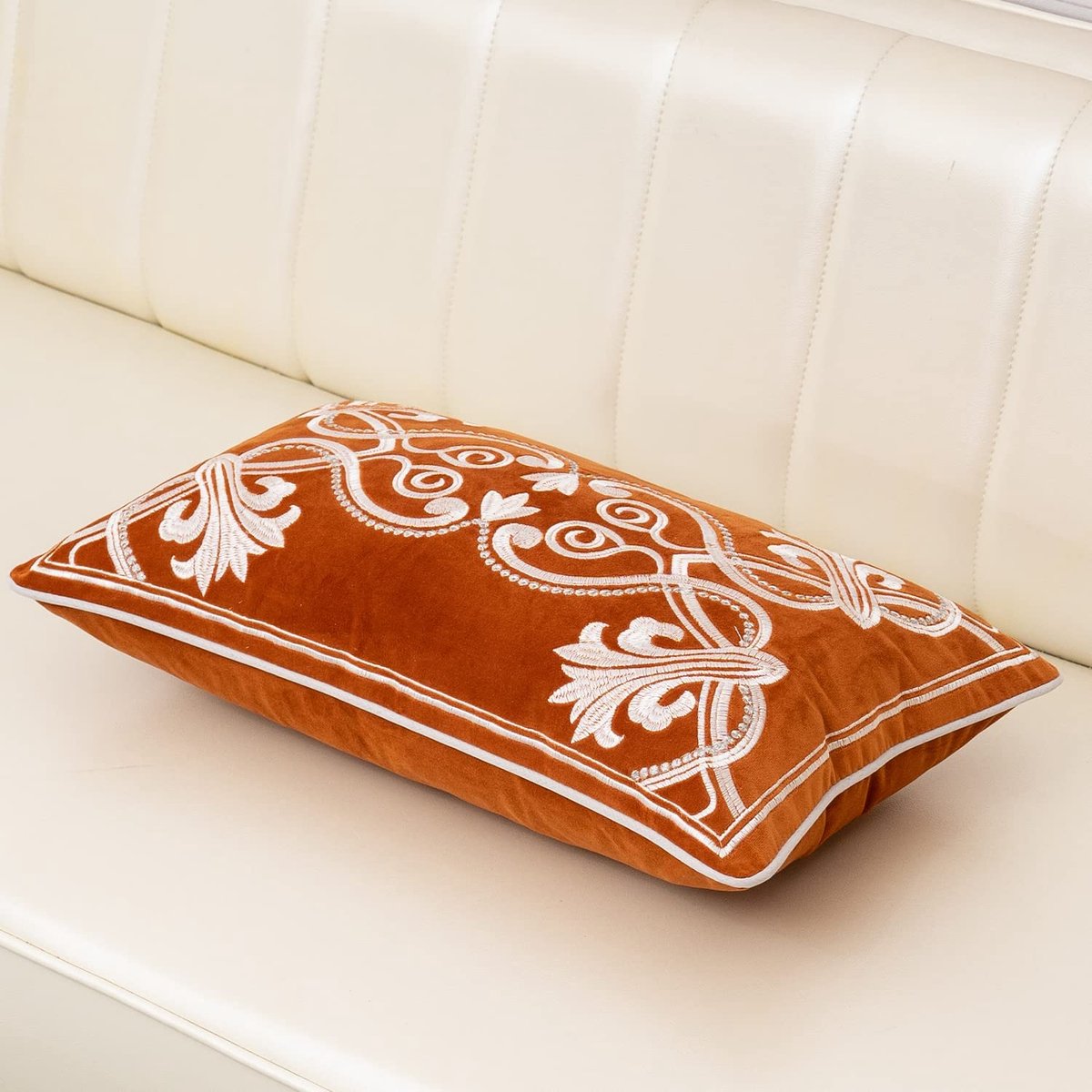 Kussensloop, Europese lumbale bloemen, langwerpig, decoratief, verfijnd, geborduurd, voor bank, slaapkamer, woonkamer, 30,5 x 51 cm, verbrand oranje en wit