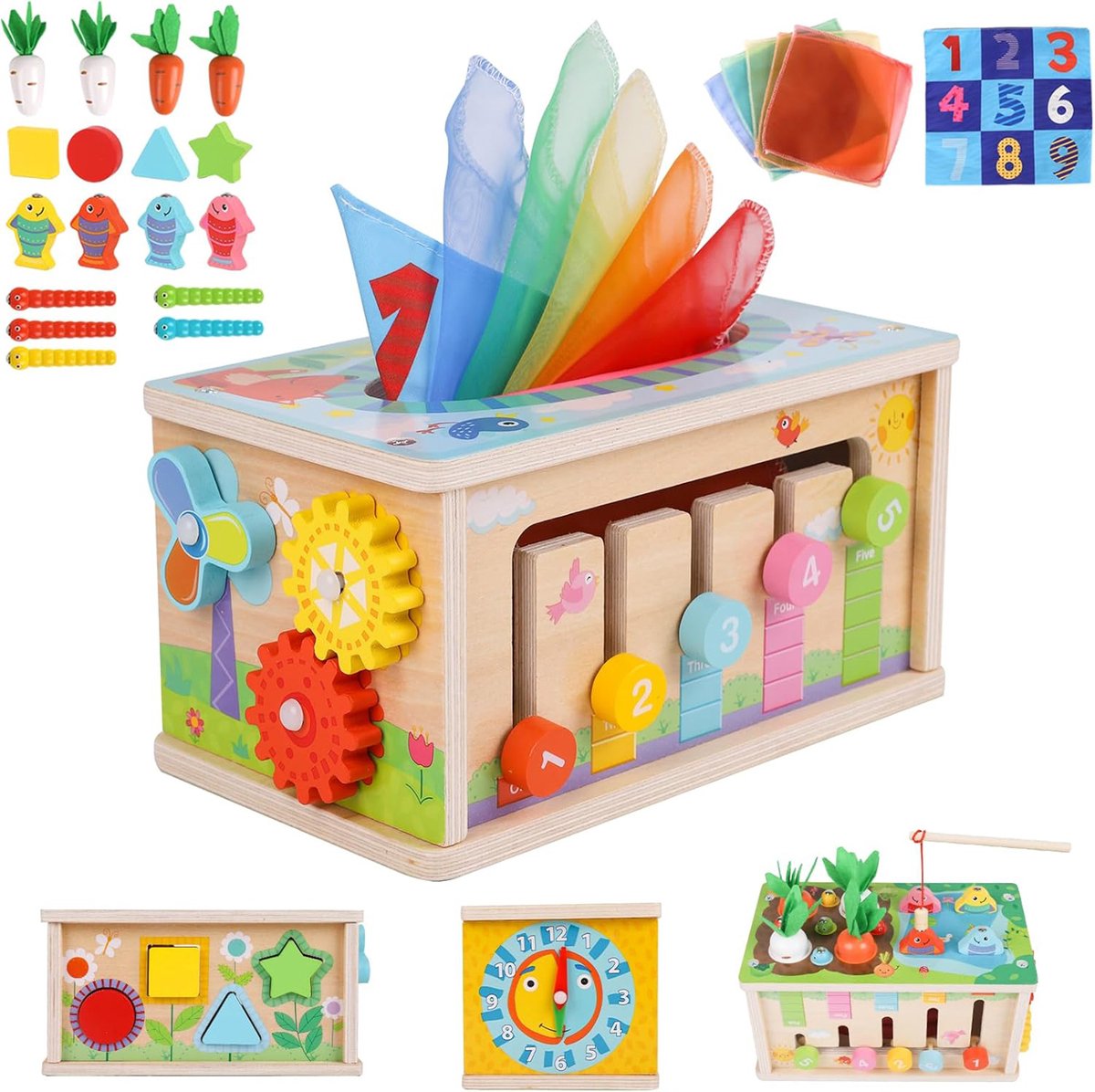 Lernspielzeug Montessori Spielzeug, Tücherbox, Holzspielzeug, Motorikwürfel (Spar-Set, 1-St., 6-in-1 Holz Montessori ab 6M: Tuchspiel, Angeln, Sortierer, Motorik), 6-in-1 Montessori Holzspielzeug, BPA-frei, fördert Feinmotorik
