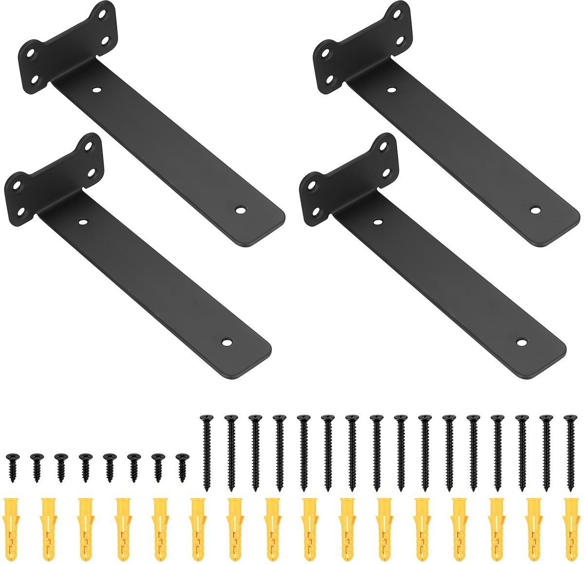 Zwevende plankbeugels, 4 stuks 20 cm zware plankbeugels voor planken, steunbeugels voor wandmontage, steigerplankbeugel, zwart metalen L-beugel, kattenoorstijlbeugels