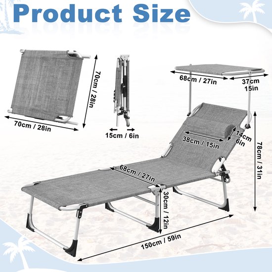Zonneligstoel met dak, tuinstoel, outdoor ligstoel met hoofdkussen, strandstoel, inklapbaar, verstelbare rugleuning, zonwering tot 100 kg, voor strand, camping, balkon, terras, vlasgrijs — afbeelding 2