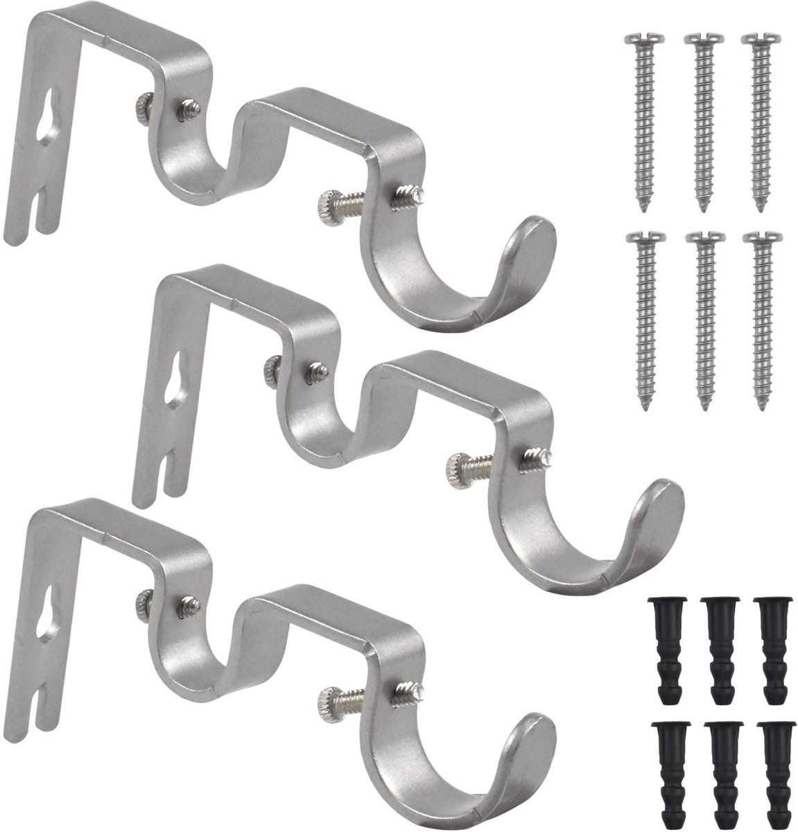 Set van 3 verstelbare metalen gordijnroedehouders met schroeven en boren (zilver)