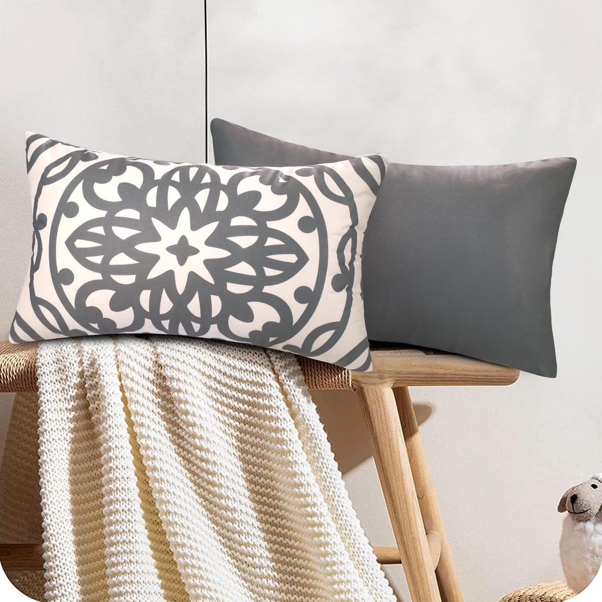 Set van 2 kussenslopen, 30 x 50 cm, grijs, fluweel, zachte behaaglijke kussenslopen, decoratieve kussenslopen, modern mandala-patroon, sierkussensloop, bankkussen, voor bank, woonkamer, set