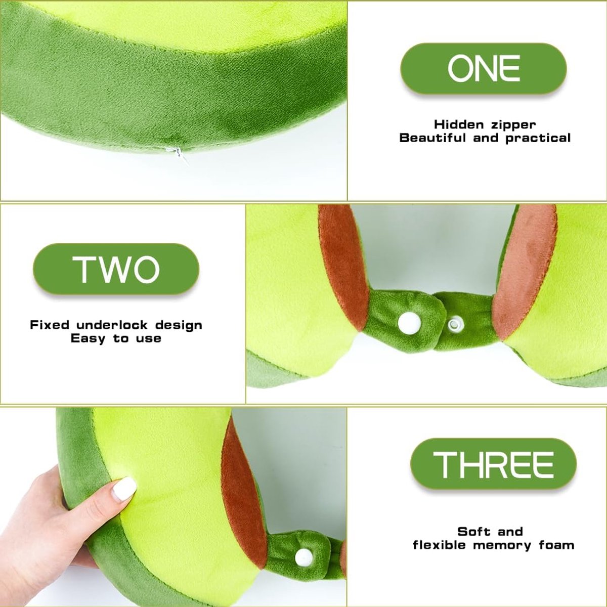Reiskussen avocado, kindernekkussen, cartoon-U-vormig, nekkussen van traagschuim, steunkussen voor auto, trein kantoor, thuis, vliegtuig voor reizen