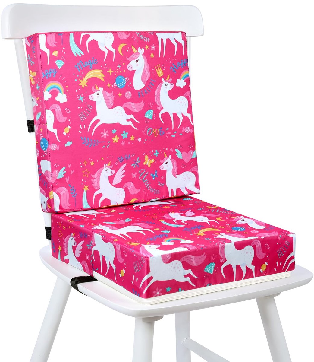 Vicloon 2 stuks stoelverhoging voor kinderen, antislip en draagbaar kussen voor kinderen, sterke ondersteuning, gemakkelijk te reinigen, wasbaar, voor reizen en thuis, 32 x 32 x 8 cm, eenhoorn roze