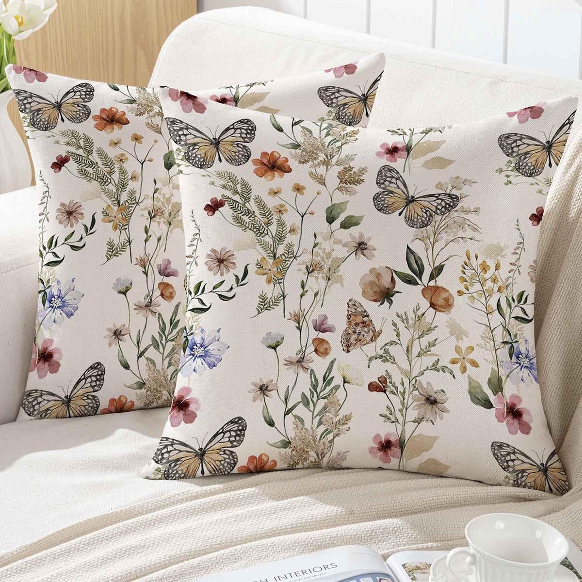 kussensloop, 50 x 50 cm, bloemenkussen, outdoor, bankkussen, roze, beige, bloemen, groen, bladeren, vlinders, kussenhoezen, sierkussen, kussenslopen, tuin, bank, decoratief kussen