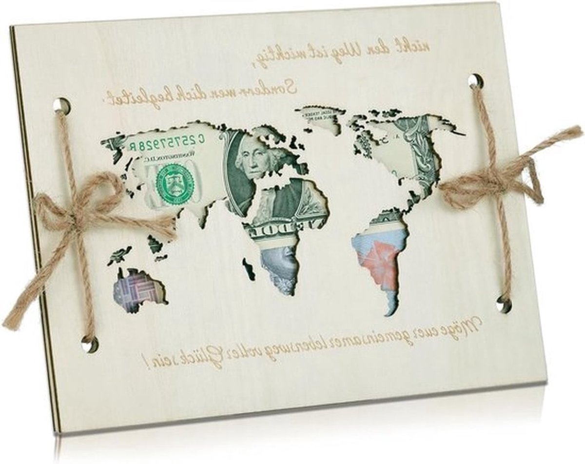 Persoonlijk cadeau voor bruidspaar, houten wereldkaart als geldgeschenk, originele trouwkaart en creatieve geldbox voor huwelijksgeschenken