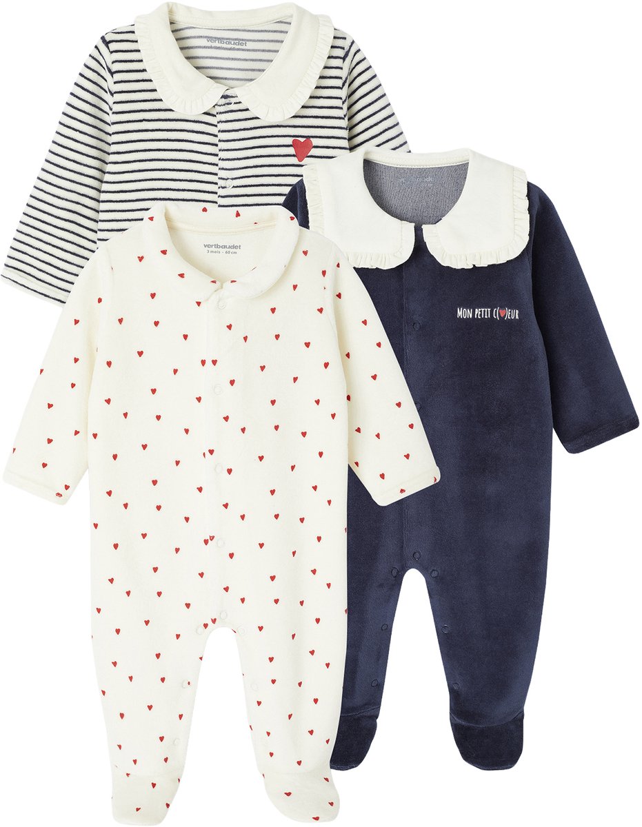 Vertbaudet Set van 3 babyslaappakje voor pasgeborenen "coeurs" in fluweel / velours