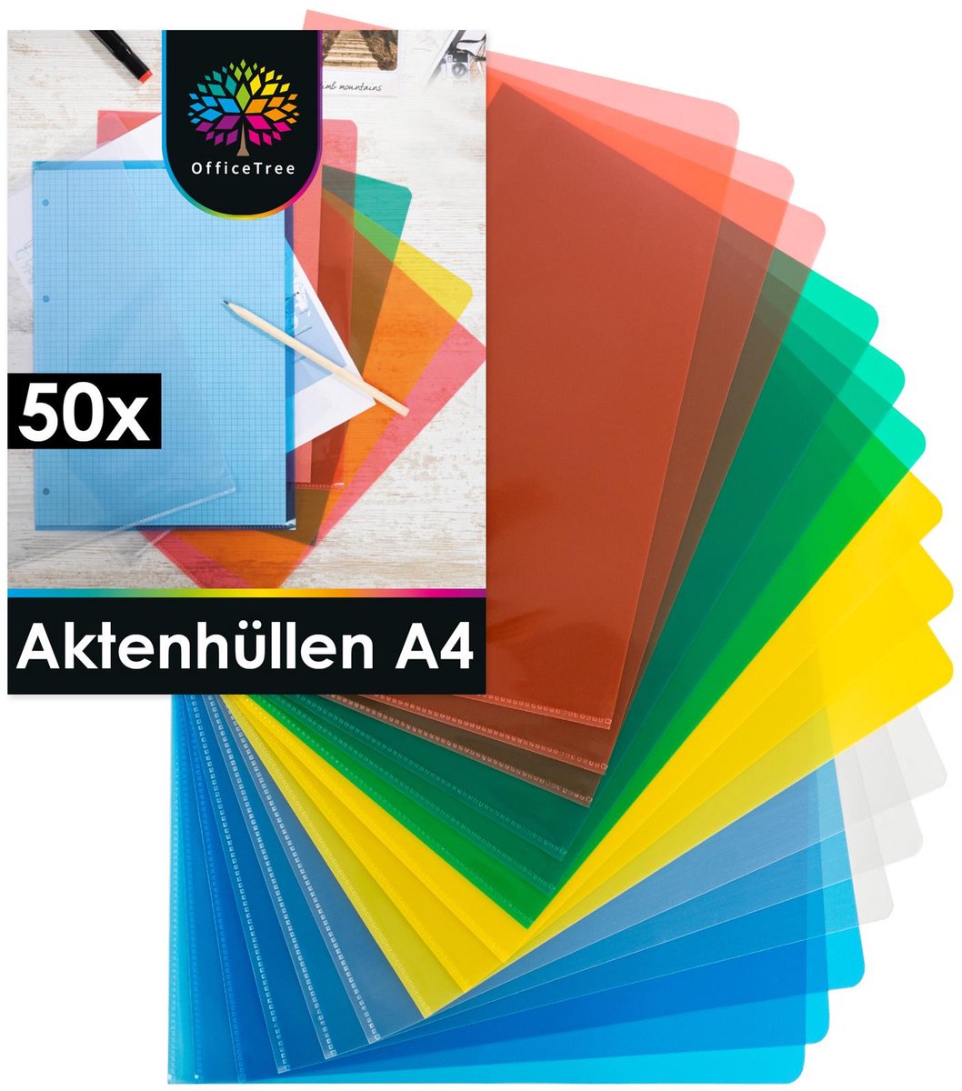 OfficeTree 50x Aktenhüllen Bunt Glasklar - 130my - Einsteckhüllen A4 5 Farben