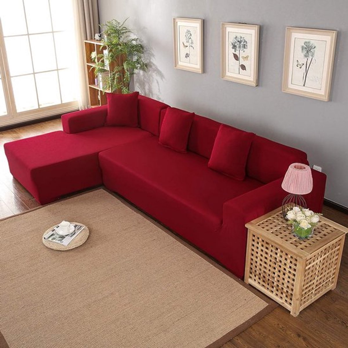 Ultra Comfortabele Hoekbankhoezen voor 3 + 2 Zits Sofa's - Stretch Beschermhoezen voor Meubels in Rood Wijnkleur