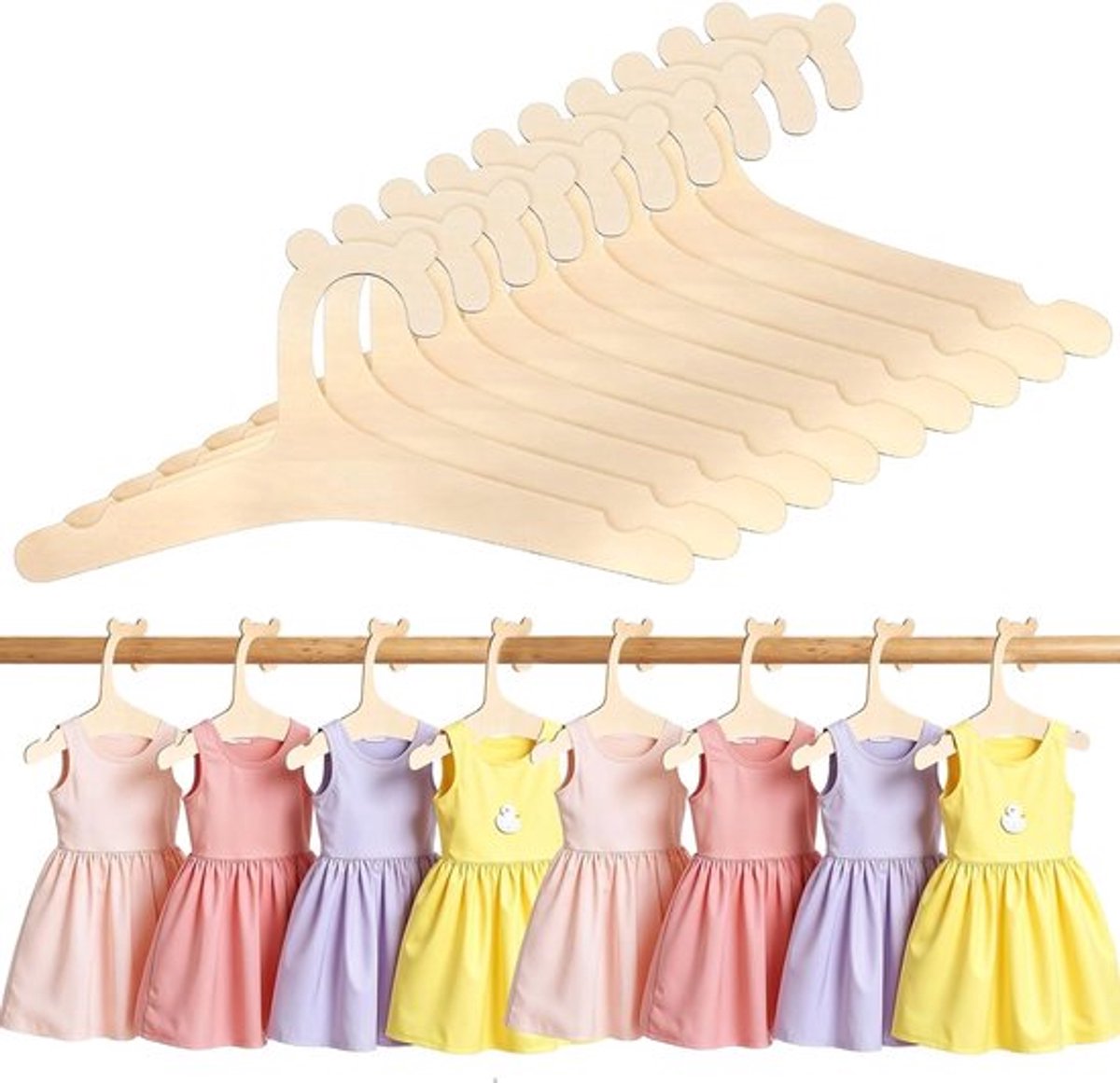 Set van 10 Houten Kinderhangers van Beukenhout met Antislip Groeven voor Baby- en Kinderkleding, 22.5 cm