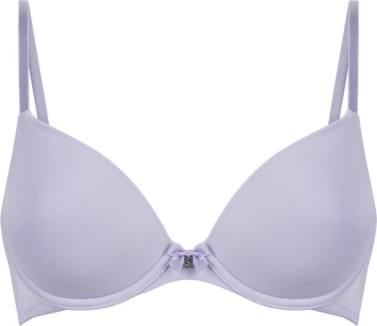 Soutien-gorge push-up violet avec un nœud et une décoration au centre.