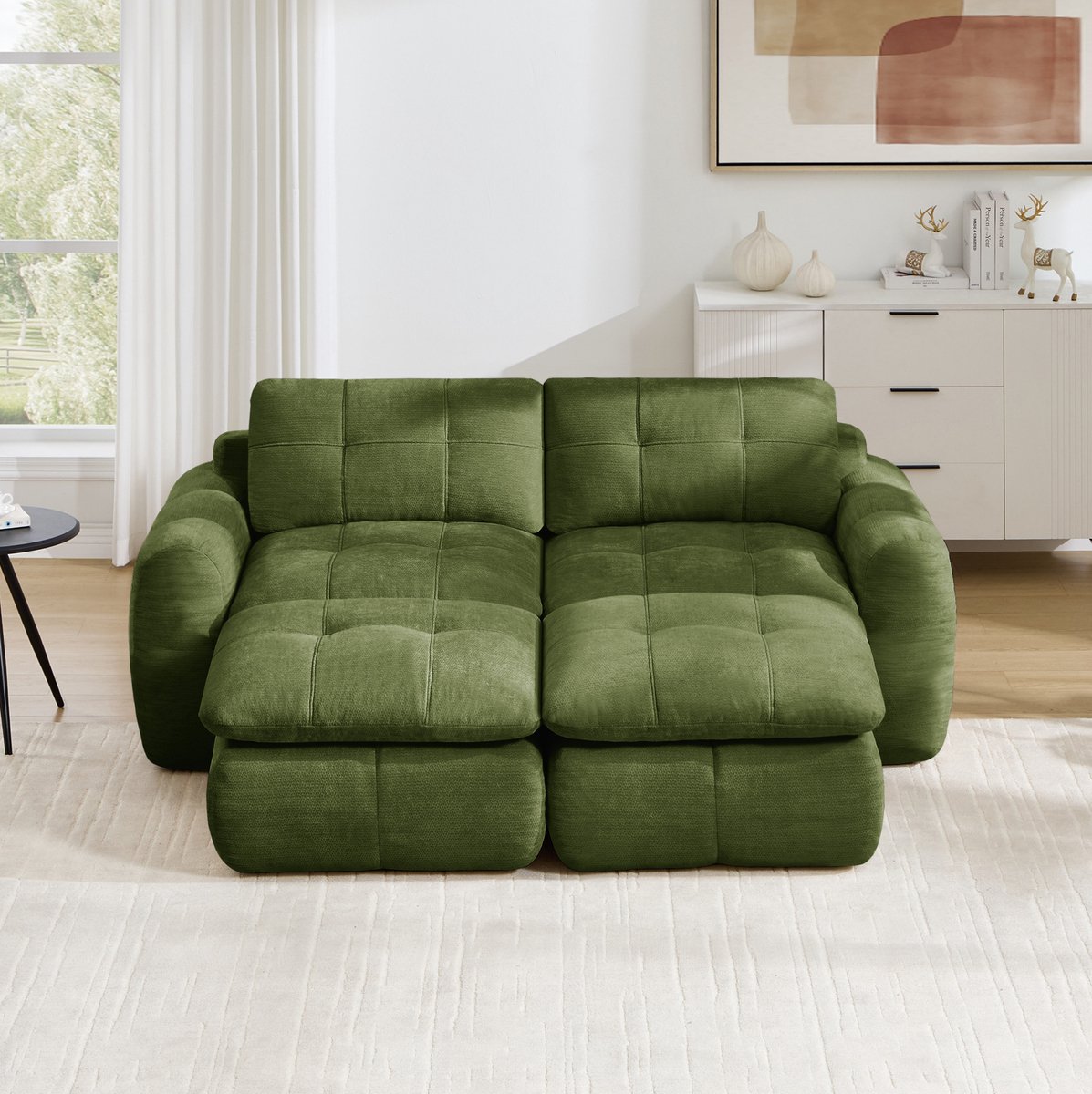 FloraGrace Modulaire Bank – 2-Zits Wolkenbank Met 2 Ottomannen – Brede Diepe Zit, Gestikt Patroon & Zonder Montage – Voor Woonkamer & Appartement – Chenille – Groen