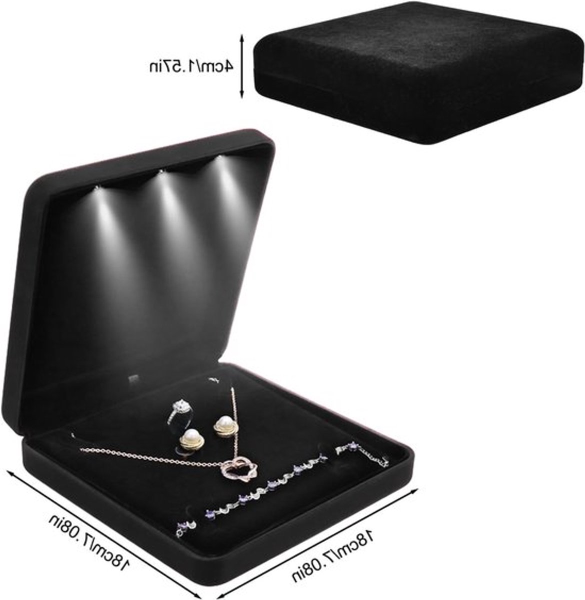Sieradenopbergdoos met LED-verlichting, Pluche Juwelen Organizer voor Armbanden, Kettingen, Ringen en Oorbellen (Zwart)