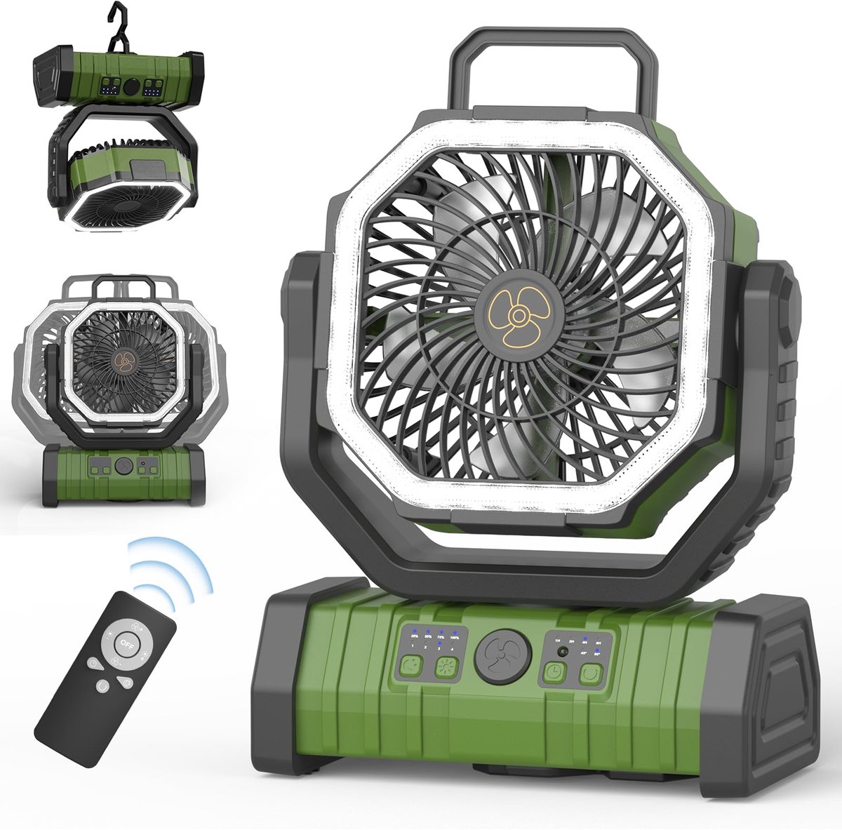 SnelShoppen - Campingventilator met 20.000 mAh Accu, USB-oplaadbare Tafelventilator met LEDlicht, Afstandsbediening, 4 Standen, 270 Graden Rotatie en