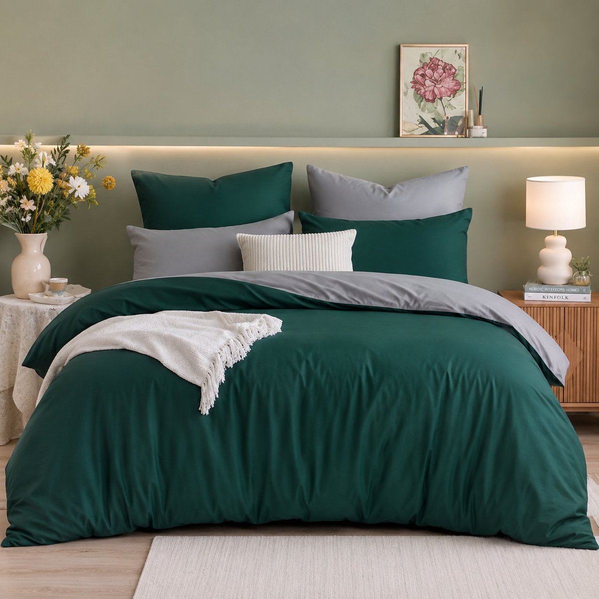 Nazik Living Beddengoed 3-delig 200x220 cm Omkeerbaar Dekbedovertrek Donkergroen/Grijs - Microvezel met Ritssluiting - Strijkvrij