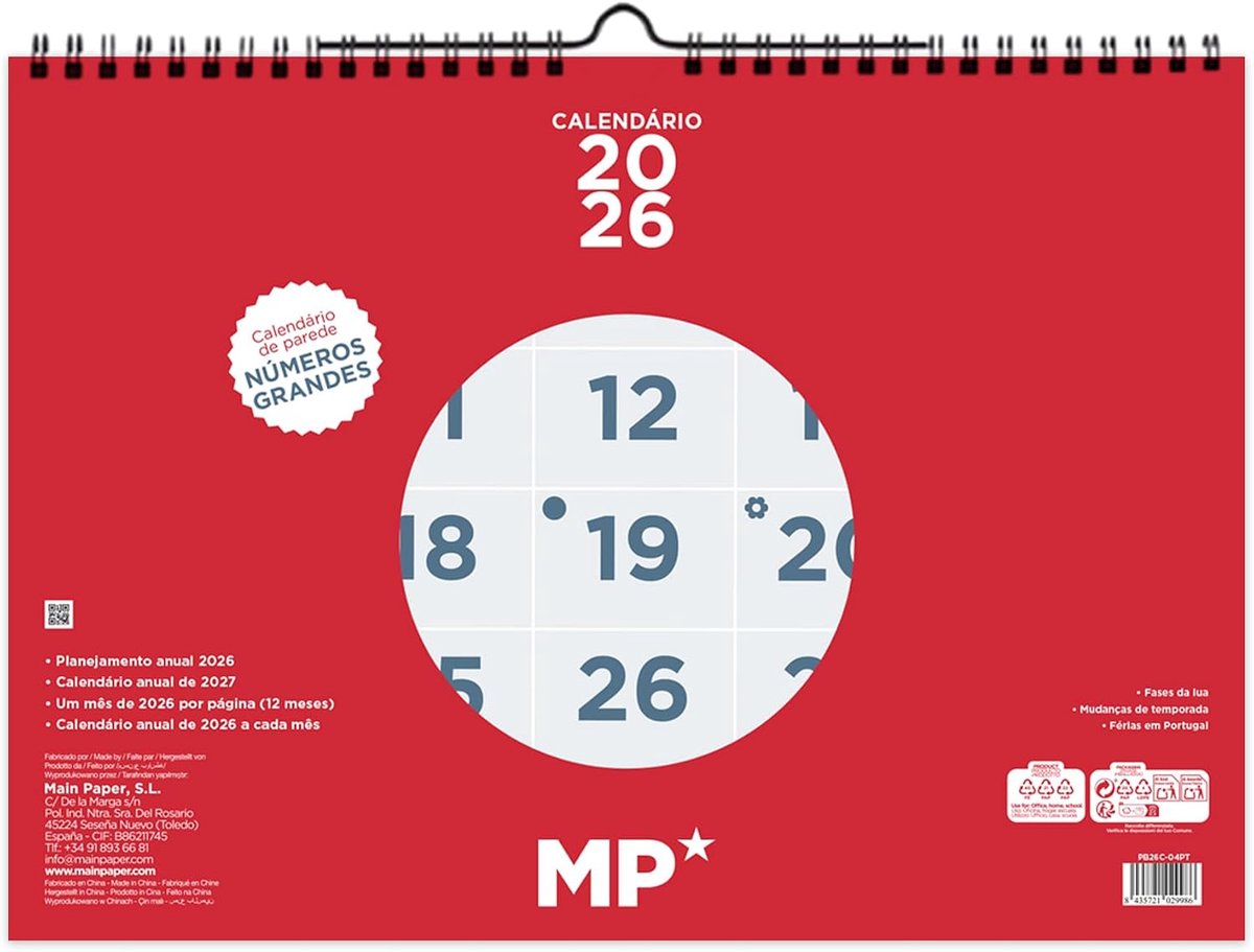 SnelShoppen - MP Wandkalender 2026, Maandoverzicht, Januari tot December (12 Maanden), Jaarplanner 2026, Neutraal Maandplanner, 31 x 43.5 cm