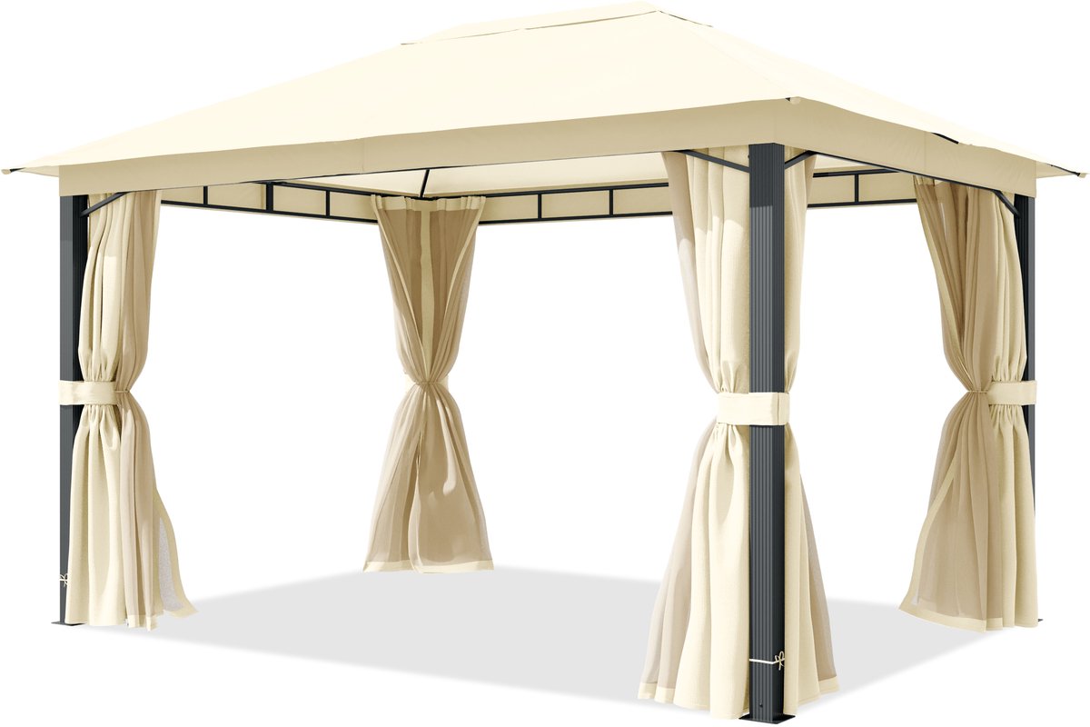 TOOLPORT Tuinpaviljoen 3x4 m, aluminium palen, dakdoek ca. 220 g/m², beige- met zijwanden en muggennetten