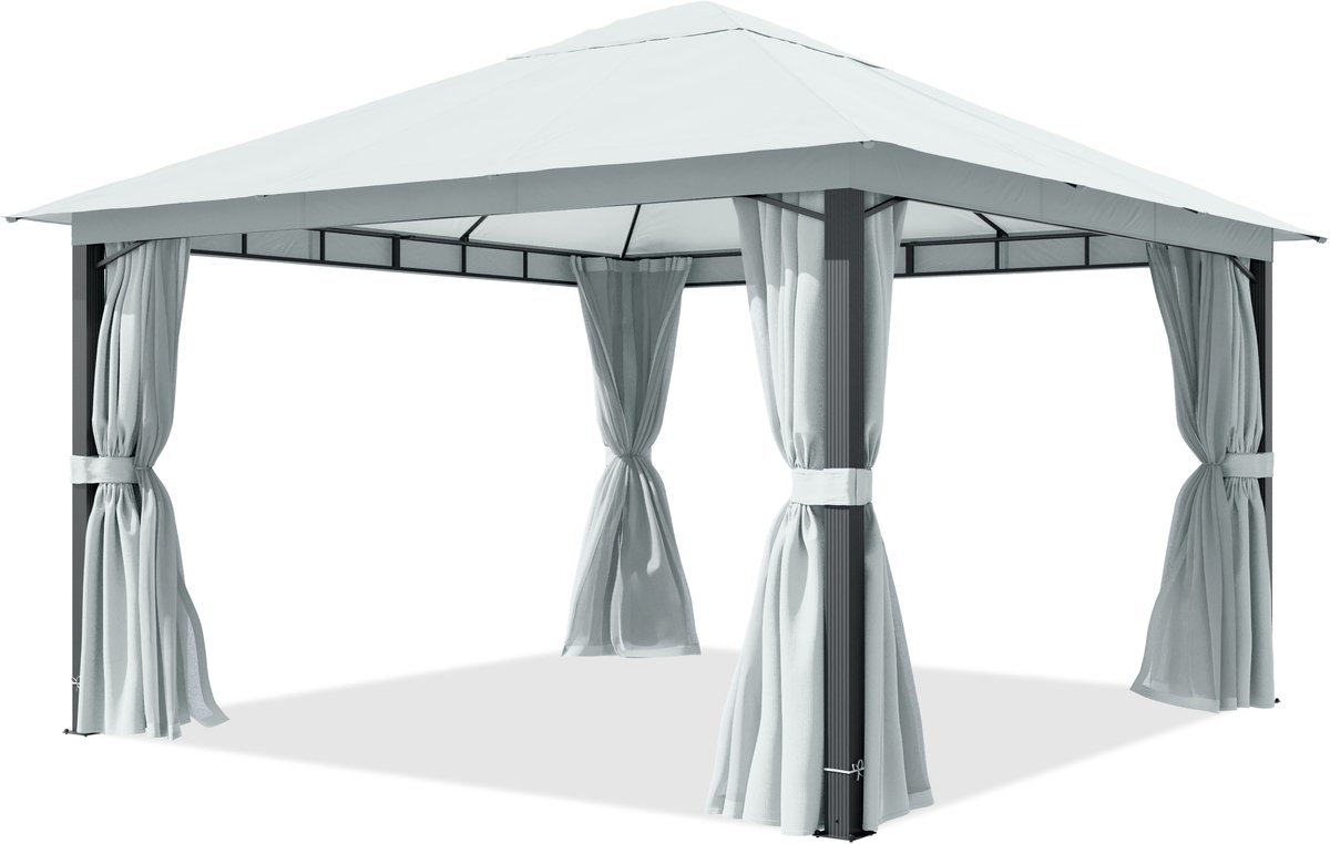 TOOLPORT Tuinpaviljoen 4x4 m, aluminium palen, dakdoek ca. 220 g/m², grijs- met zijwanden en muggennetten