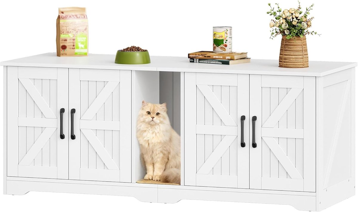 HILINSIE Kattenbakmeubel voor 2 katten, 140 x 50 x 55 cm, wit, verborgen kattenbakmeubel, houten kattenhuisje/bijzettafel met krabmat, voor woonkamer en slaapkamer