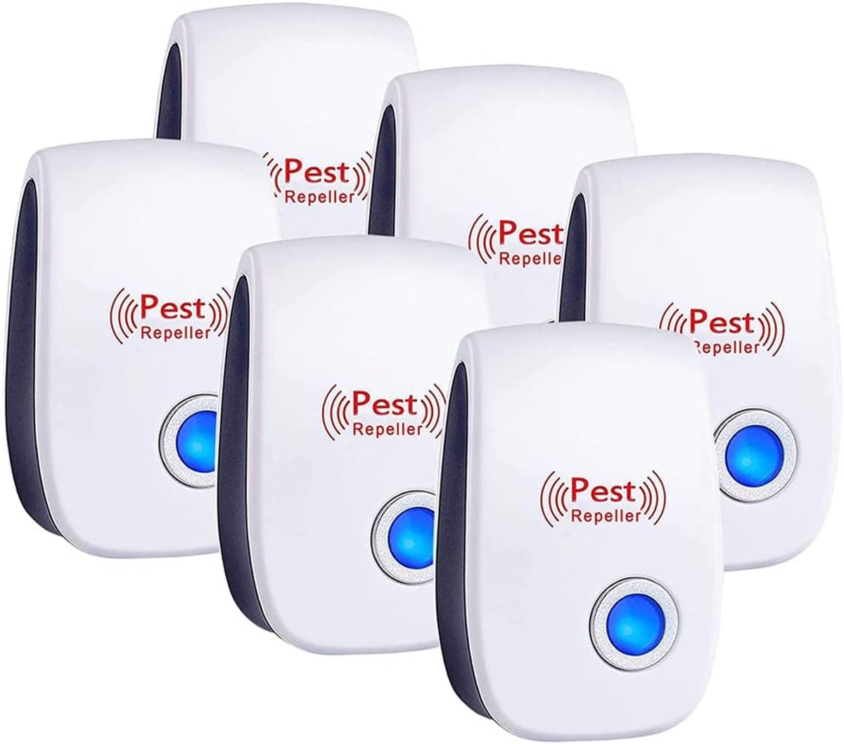 Set van 6 ultrasone ongediertebestrijders - Ultrasone knaagdierbestrijder voor binnen - Insecten- en knaagdierwerend middel voor huishoudelijk gebruik - Beschermt effectief tegen muggen, kakkerlakken, mieren, ratten en ander ongedierte.