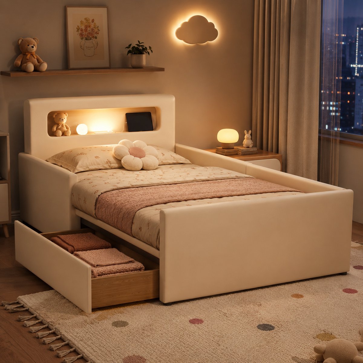 Kinderbed 90x200 cm - Eenpersoonsbed 90x200 cm - Vloerbed - Gestoffeerd bed - Multifunctioneel bed - Met hoofdbord - Met opbergvak - Met nachtlampje - Met USB-oplaadpoort - Veilig en comfortabel - Beige
