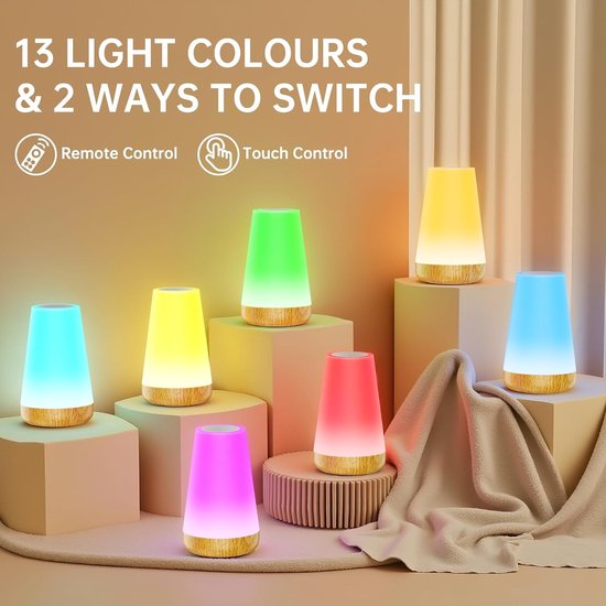 Nachtlampje met Afstandsbediening, Touch Dimbare Night Light met 13 kleuren en 3 modi& Timer, USB Oplaadbare Lamp voor Slaapkamer Kinderkamer, Timerfunctie, Draadloos van TEAMPD — afbeelding 2