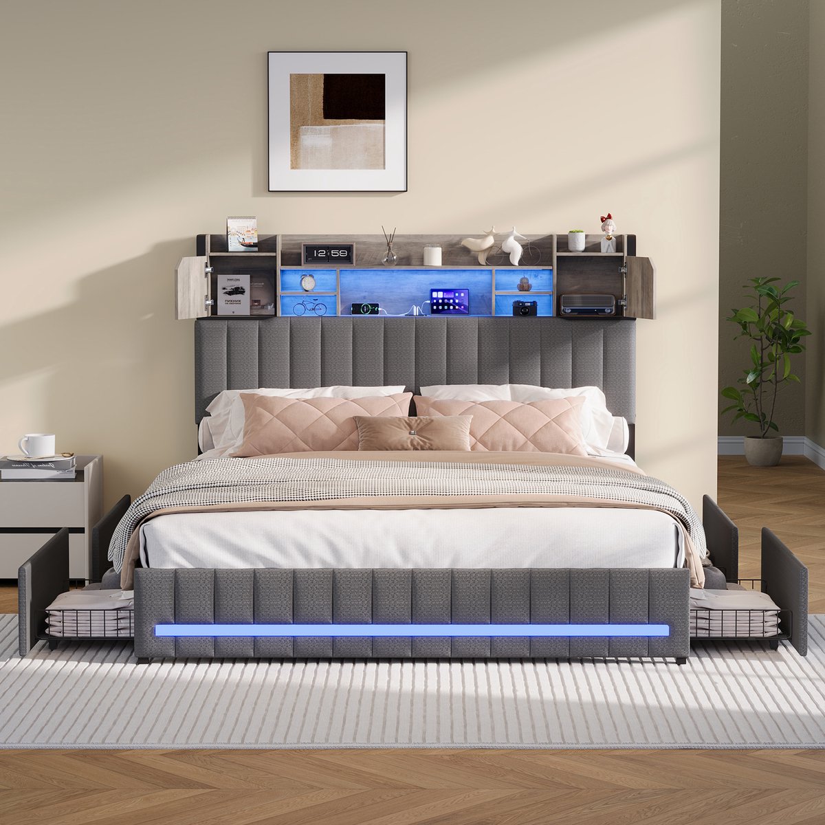 Tweepersoonsbed 160x200 cm, bed met opbergruimte en led hoofd- en voeteneinde, linnen bed met 4 lades, usb type-c, grijs, zonder matras