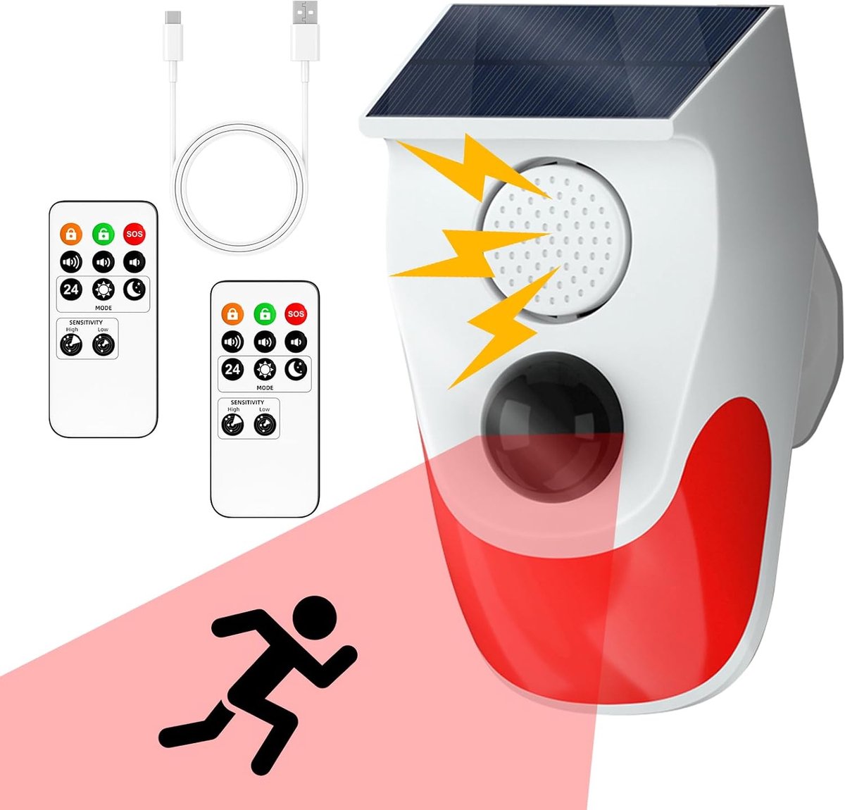 SnelShoppen - Solar Bewegingssensor met 2 Afstandsbedieningen, Aanwezigheidssensor met Alarm, 3 Werkmodi, 120dB Geluid en Waterdicht IP65, Buitenalarm