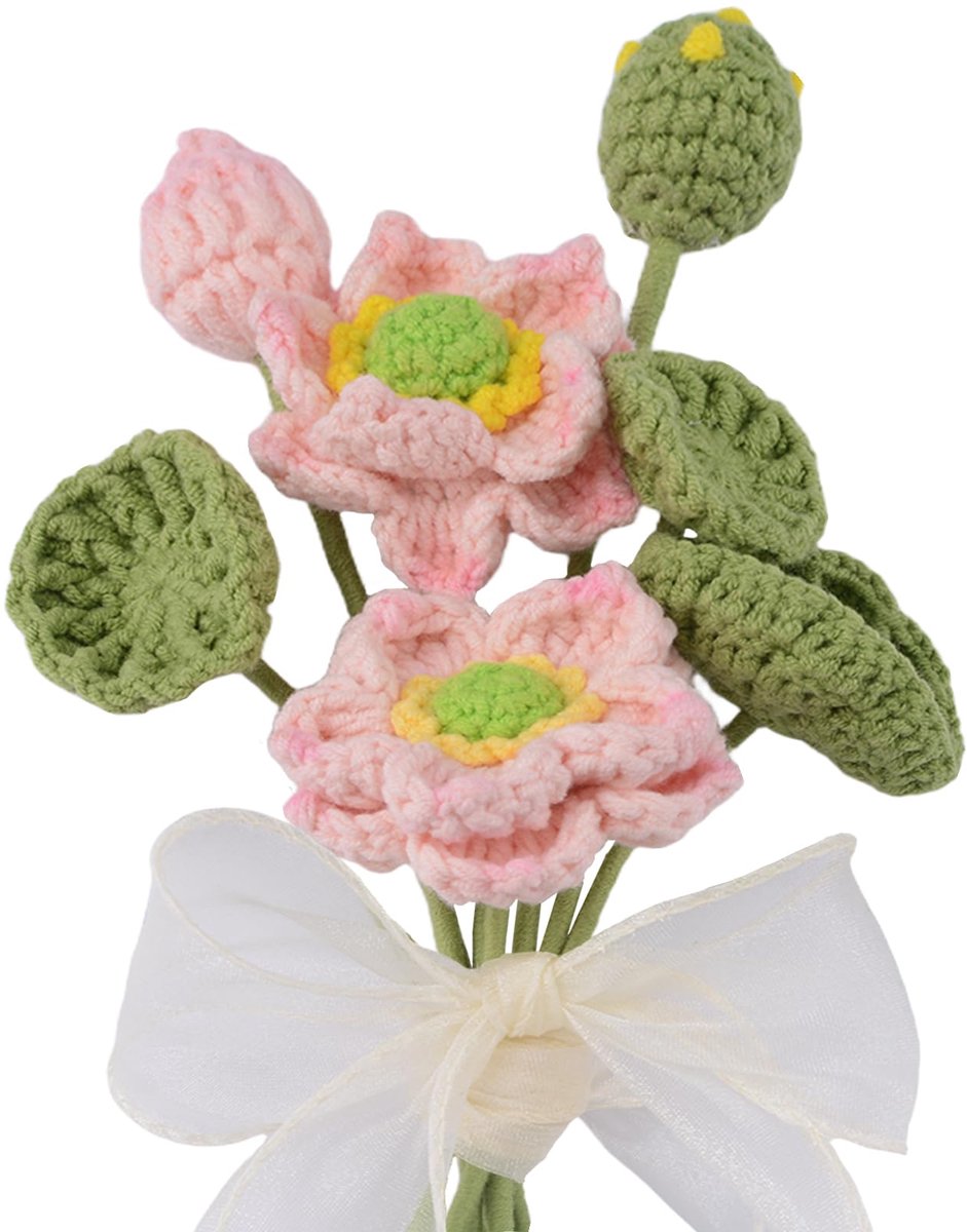 SnelShoppen - Handgemaakte haak breien lotuswortels bloemen, 7 stuks gebreid boeket woondecoratie geschenken voor Moederdag, verjaardag, bruiloft, vro