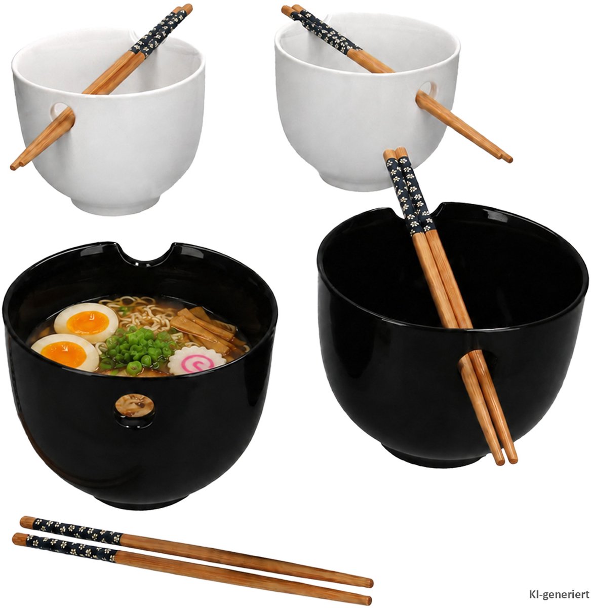 G. F. Set van 4 SOFT-schalen 2x zwart & 2x wit met stokjes van aardewerk & bamboe – 2x 92285 2x 92286