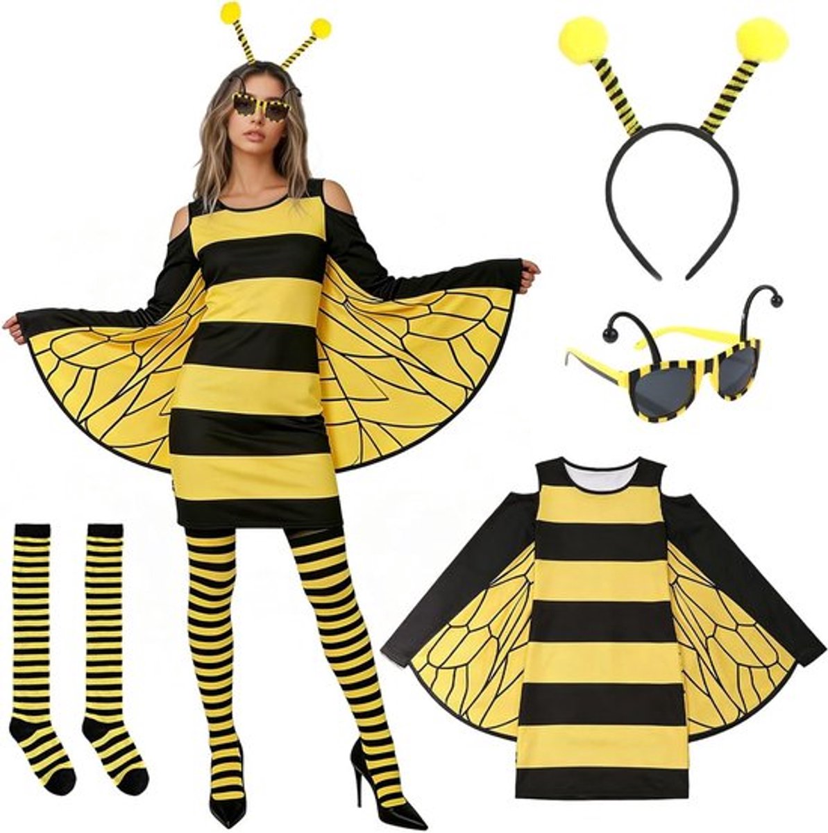 Volledige Bijen Kostuum voor Volwassenen met Vleugels, Antenne, Bril en Gele Tutu Rok voor Halloween en Carnaval Feestjes