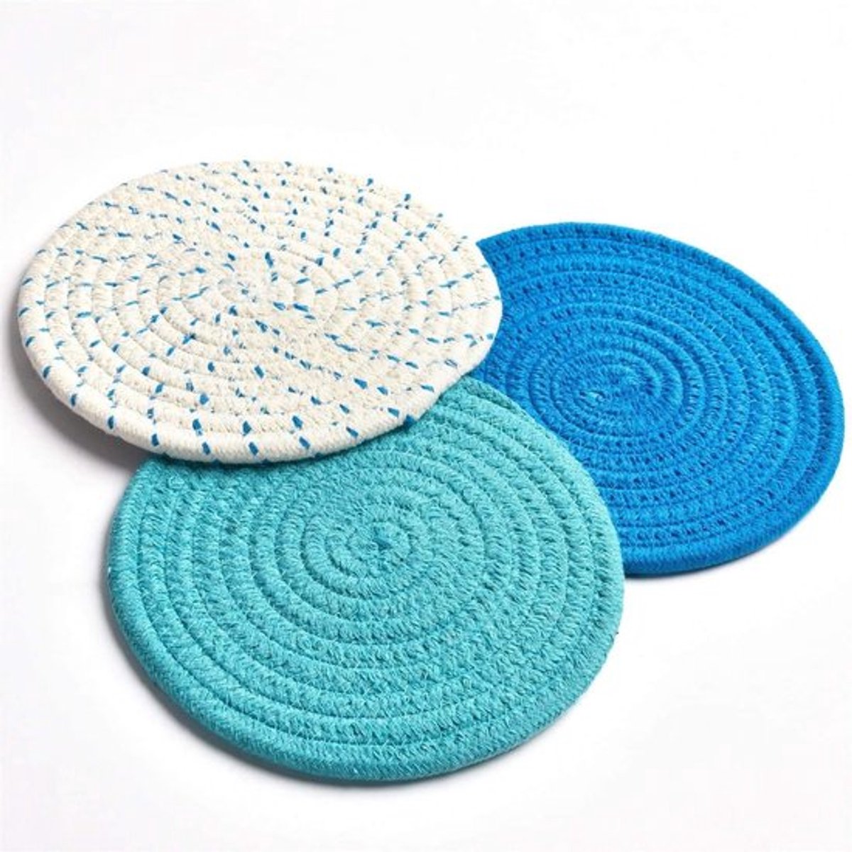 Set van 3 Stuks 7" Geweven Absorberende Coasters van Katoen - Onderzetters voor Tassen, Theekopjes en Warmte-isolatie - Blauw