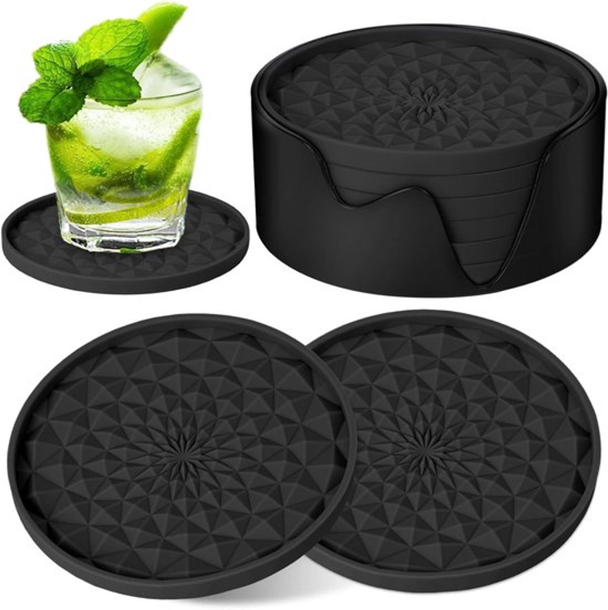 Set van 6 Siliconen Onderzetters met Voet, Dikke en Diepe Ontwerp voor Warm en Koud Drinken, Antislip en Antikleef, Zwart