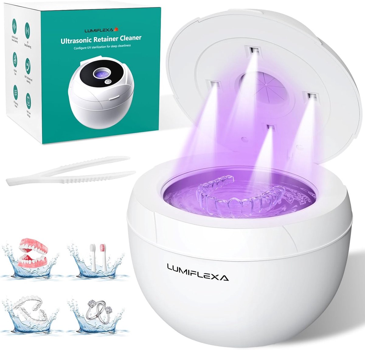 SnelShoppen - Ultrasoon Reinigingsapparaat 45000 Hz met 4 UV-lampen, 200 ml Ultrasoonreiniger voor Kunstgebitten, Aligners, Tandenborstelkoppen en Sie