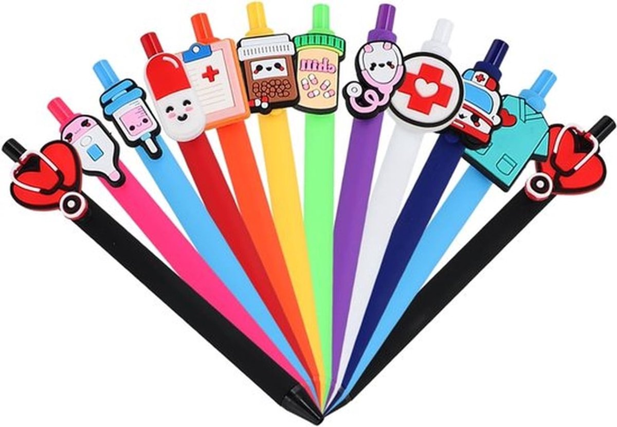 12 Stuks Kwalitatieve Balpennen met Cartoon Verpleegkundige, 0.5 mm Zwart Inkt, Perfect voor Studenten en Kinderen