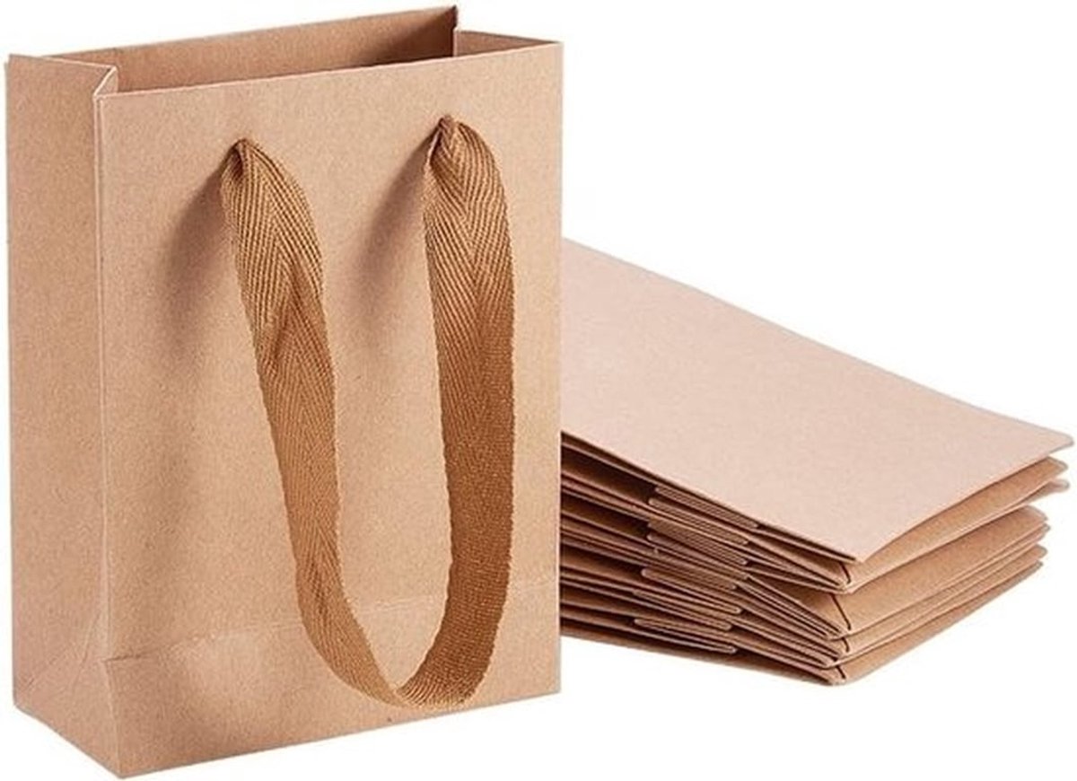 10 Stuks Kleine Bruine Kraft Papieren Zakjes voor Snoep en Cadeaus met Handvatten voor Verjaardagen, Bruiloften en Feestjes, 16x12x5.5cm