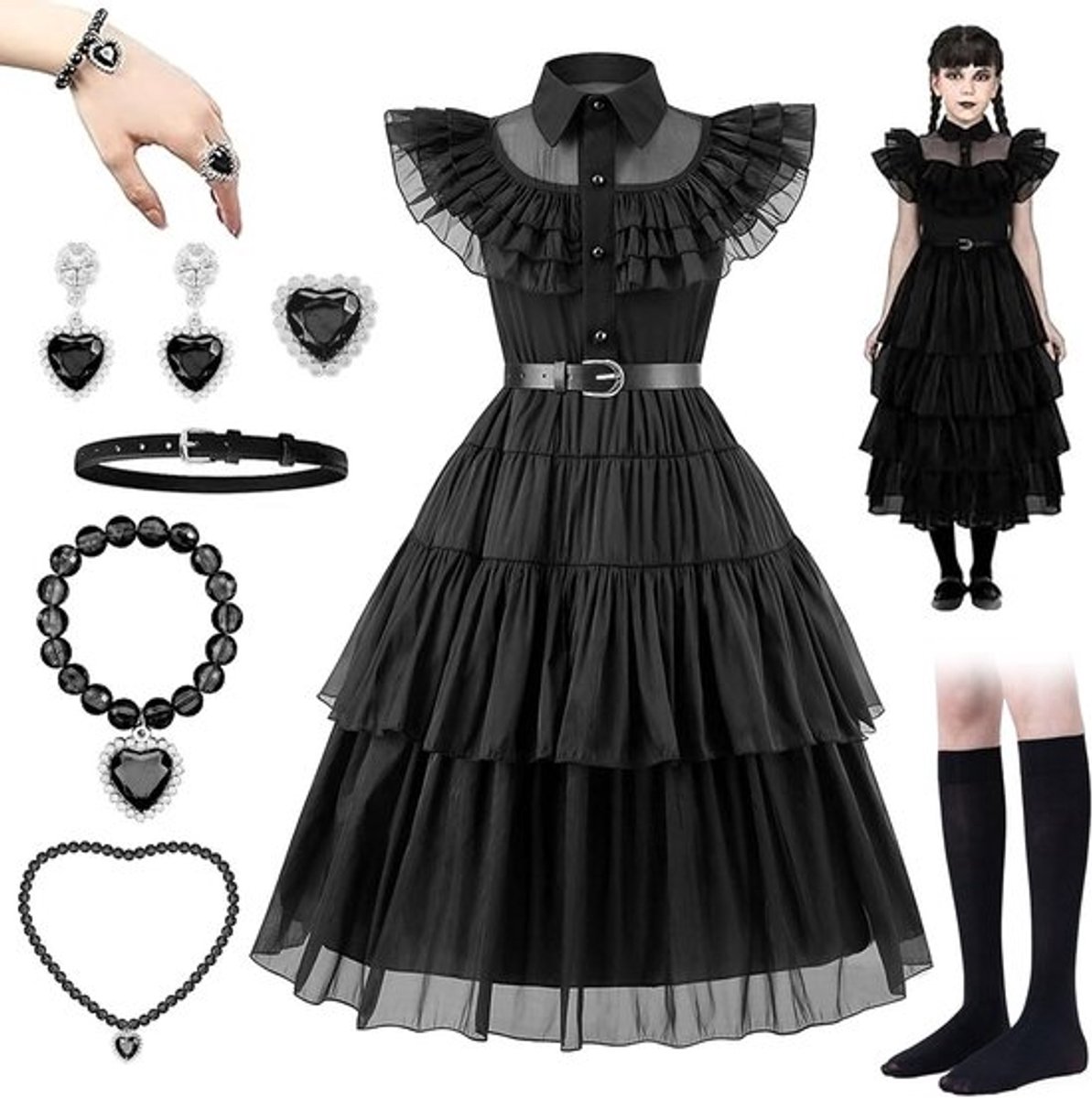 Halloween Kostuum voor Meisjes - Wednesday Addams Jurk in Gothic Lolita Stijl voor Feestjes en Verkleedpartijen