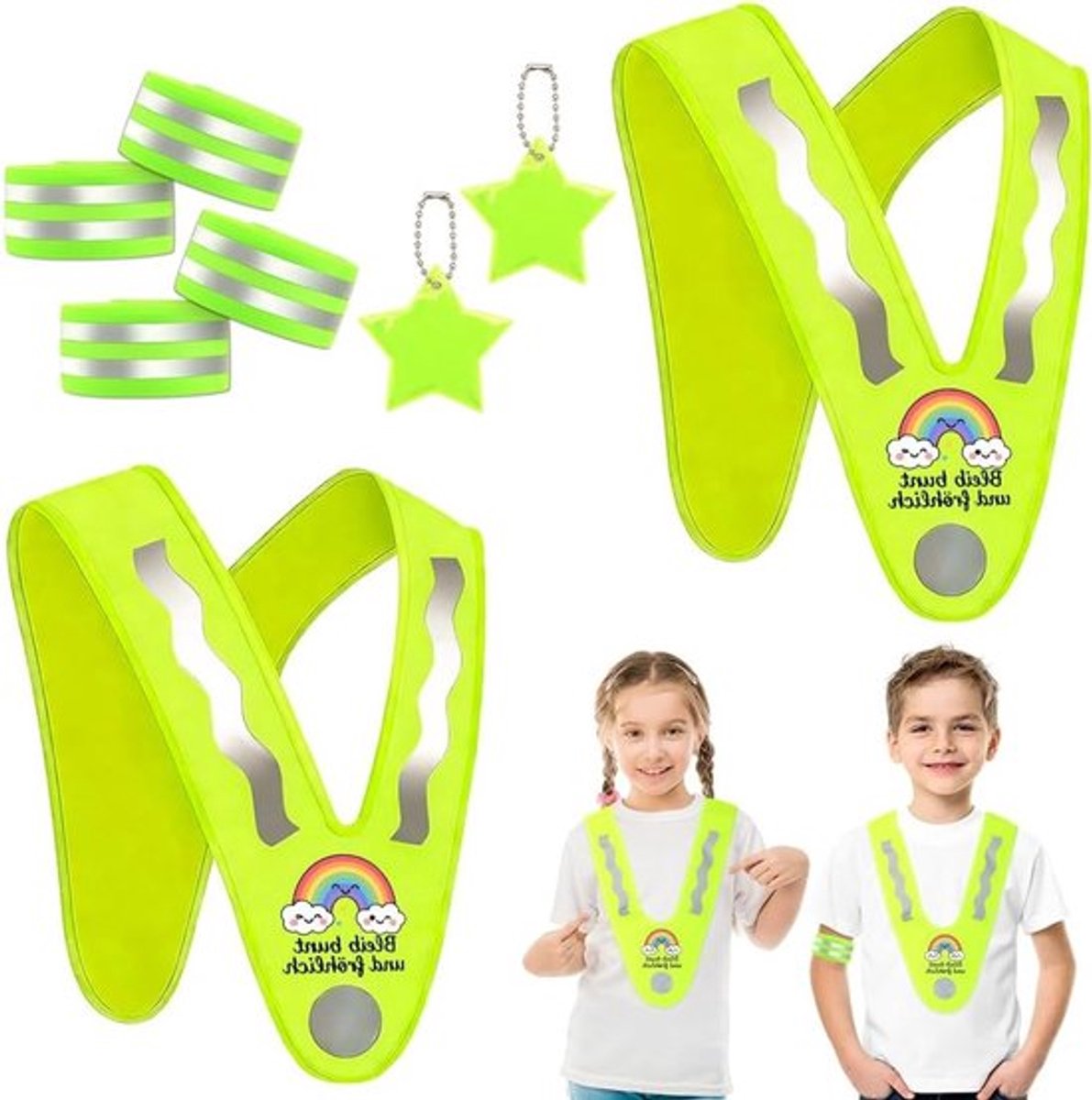 Veiligheidshesjes set met kleurrijk regenboogpatroon, 4 reflectoren en 2 sterhangers voor jongens en meisjes, perfect voor school, fietsen en kamperen