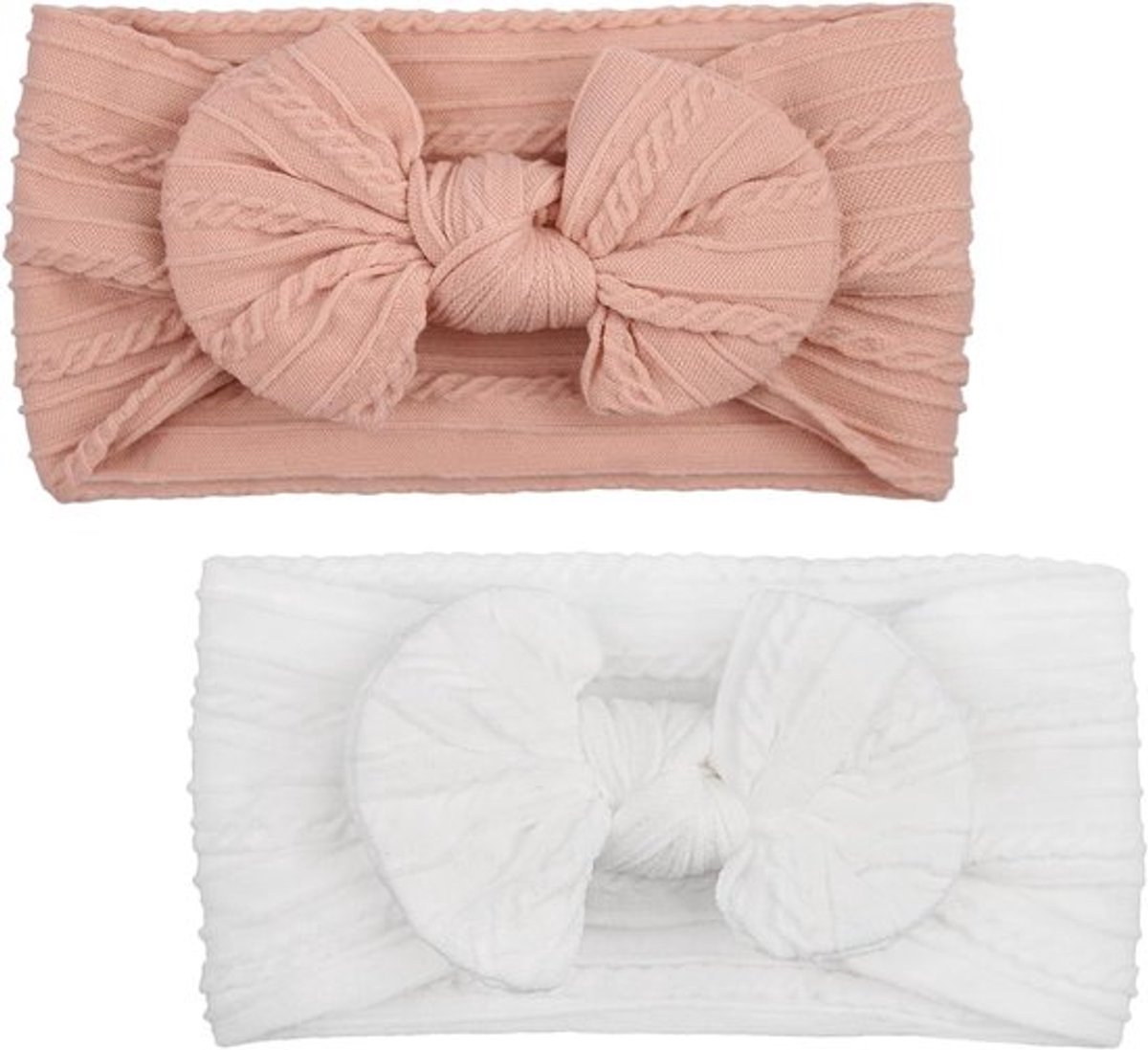 Set van 2 Babymeisjes Haarbanden met Elastische Strik en Turban - Fotografie Accessoires voor Kinderen in Wit en Roze