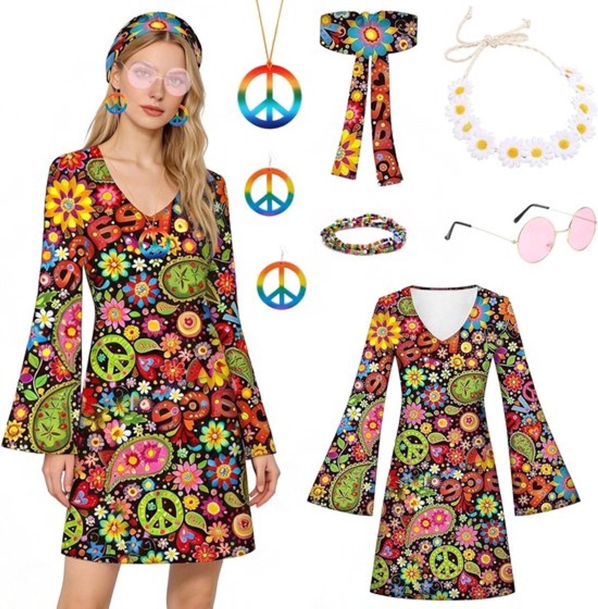 7-delige Hippie Kostuum Set voor Vrouwen met Accessoires voor Carnaval en Halloween, Inclusief Jurk en Kleding voor Themafeesten