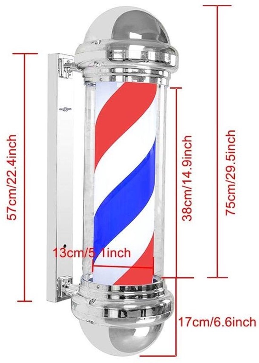 Draaiende paal - Signaal voor kappers - Functioneel en robuust - Waterdichte lamp - LED-verlichting - Geschikt voor salons - 92 centimeter
