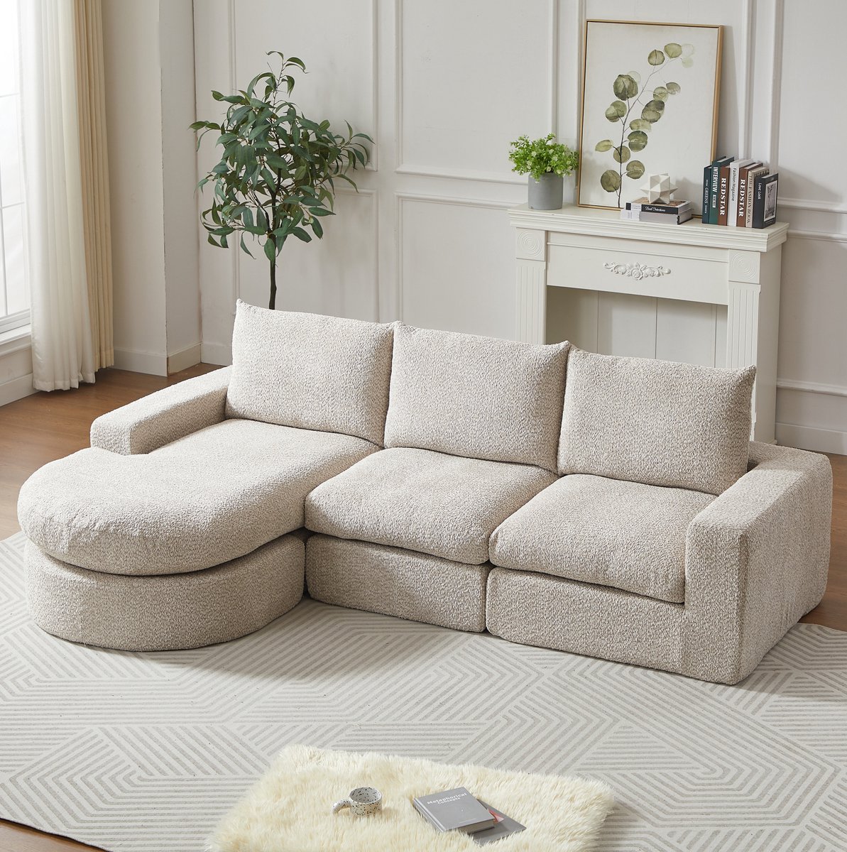 MIVRAY Hoekbank 250 x 160 x 80 cm - Modulaire Chaiselongue Met Omkeerbare Hoek En Dubbele Kussens - Voor Woonkamer - Chenille Beige