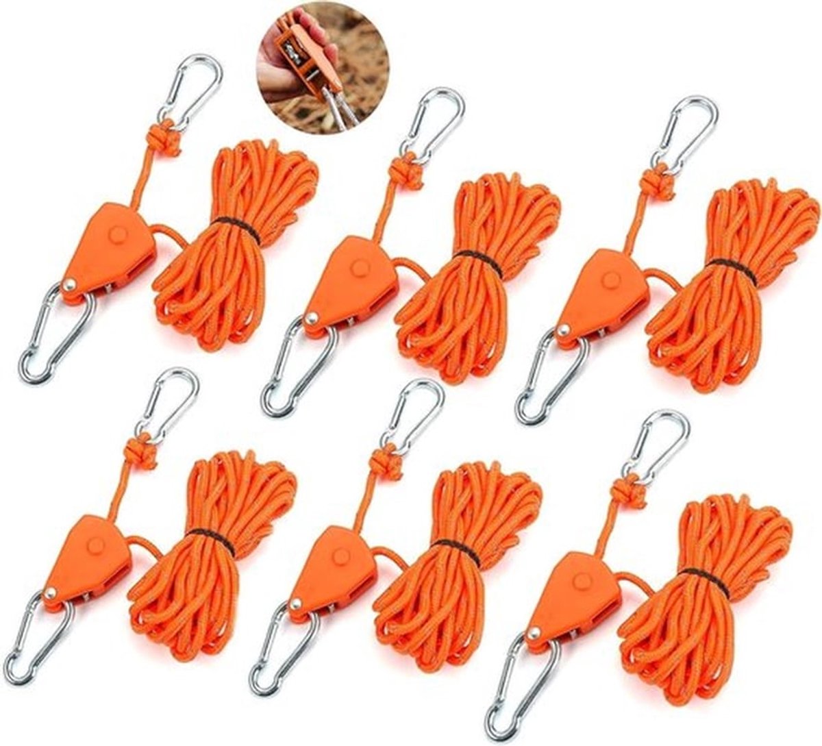 Set van 6 Verstelbare Katrollen met Kabelrem, Tension Rope met Haken, 4 m, Winddichte Buitenroule, Reflecterende Touw voor Kamperen en Tentgebruik, 4 mm Kabelspanner